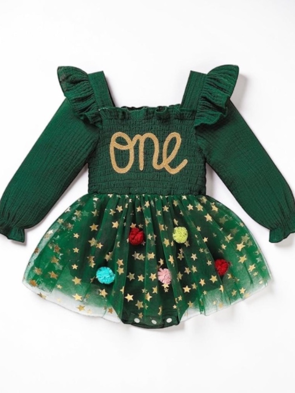Baby Girl ONE Birthday Tulle Romper Green Gold Stars 3-6M